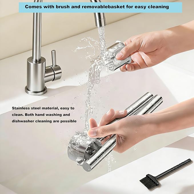 304 Stainless Steel Garlic Press Set Peeler & Brush | Labor-saving handle, removable liner, rustproof and dishwasher safe