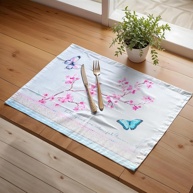 Maison d' Hermine Placemats Set of 4 Reusable 100% Cotton (13"x19") | Cloth Place Mats Washable Table Mats for Kitchen Dining Party Wedding Home Restaurant Spring Summer - Blossoms in Spring