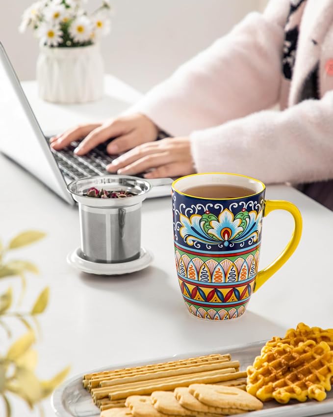 vancasso Ceramic Tea Mug with Infuser and Lid, 18 Ounce Bohemian Loose Leaf Cup, Microwave & Dishwasher Safe, Perfect for Tea, Coffee, Beige-Mustard Tribe