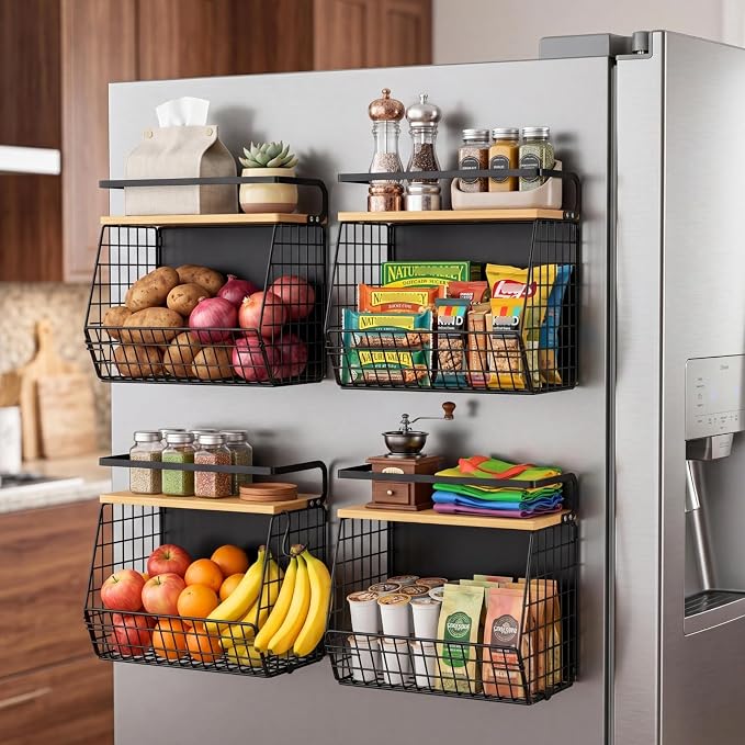 Magnetic Shelf for Fridge with Wood Lid, Fruit Potato and Onion Storage Bins, Pantry Organizers & Storage, Large Container Magnetic Spice Rack for Refrigerator, Kitchen Counter (Black, 2)