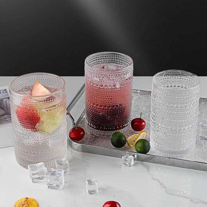 Hobnail Drinking Glasses Set of 6, 16 Oz Vintage Embossed Glass Cup Kitchen Glassware Water Tumblers for Cocktails, Beer, Juice, Whiskey