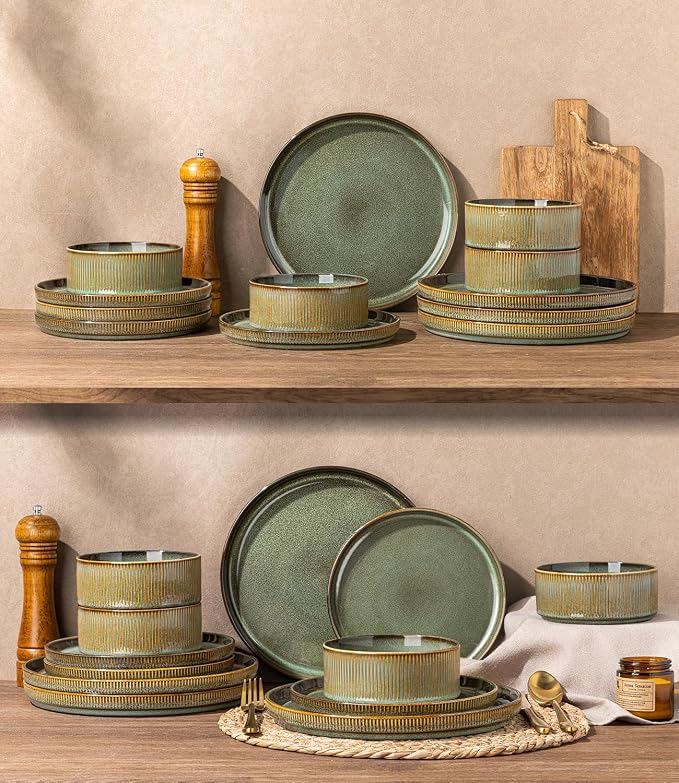 GBHOME Stoneware Dinnerware Sets for 4, 12-Piece Plates and Bowls Set | Handmade Reactive Glaze Ceramic Dish Set, Scratch Resistant, Dishwasher&Microwave Safe,Moss Green