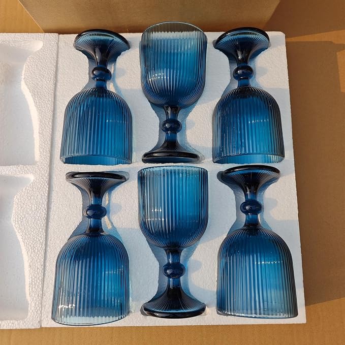 CHLJAR Blue Wine Glass Goblet Set of 6, 14 oz Blue Goblets Glassware, Colored Vintage Glassware for Weddings, Parties, Restaurants, Family Gatherings, Bars, Cafeterias, Dishwasher Safe