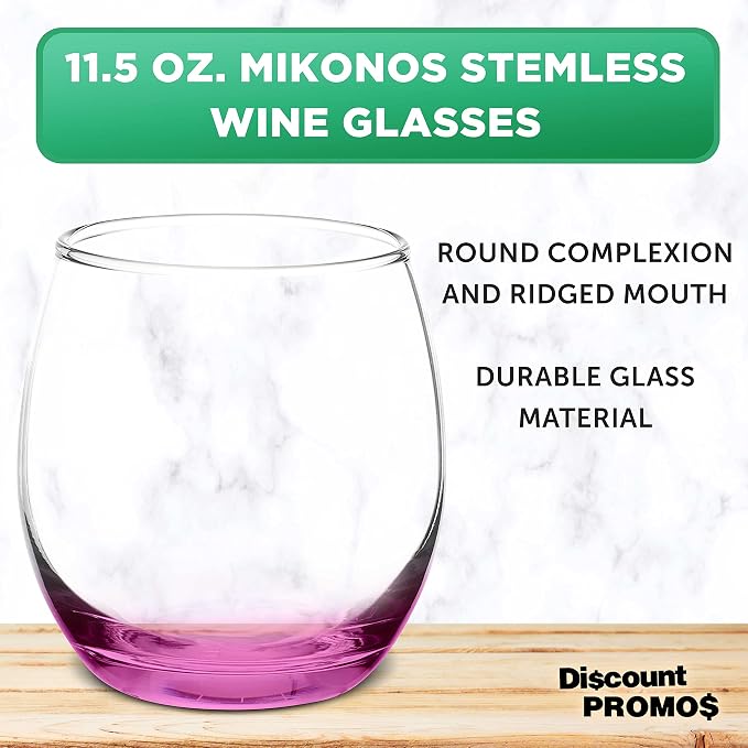 DISCOUNT PROMOS Mikonos Stemless Wine Glasses 11.5 oz. Set of 10, Bulk Pack - Restaurant Glassware, Perfect for Red Wine, White Wine, Cocktails - Pink Bottom Color