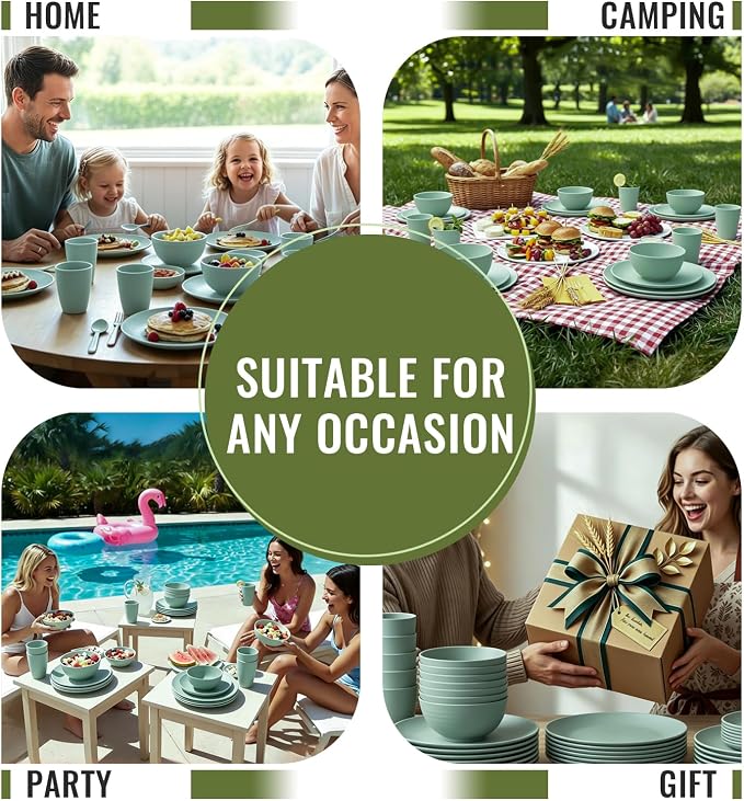 Wheat Straw Dinnerware Sets 40 PCS Unbreakable Dishes Set for Kitchen, Outdoor, Camping Dishes Plates and Bowls Sets with Cups, Dessert Plates, Dishwasher & Microwave Safe - Green