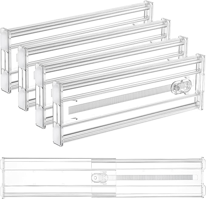 Vtopmart 4" Regular Upgrade Drawer Dividers for Clothes, 12.8"-22.3" 4 Pack | Expandable Dresser Drawer Organizer, Clear Separator, Baby Clothing, Underwear, Cosmetics, Toiletries Storage, Space Saving