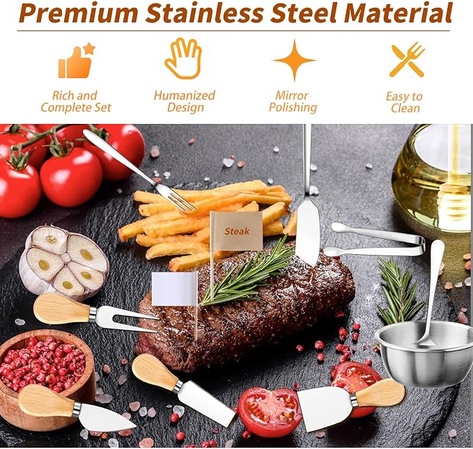 48 Pcs Charcuterie Boards Accessories Butter Spreader Knives Set Stainless Steel Cheese Mini Serving Tongs Spoons Forks Dipping Bowl Toothpick Flags Utensil for Pastry Making Wedding Christmas(Sliver)
