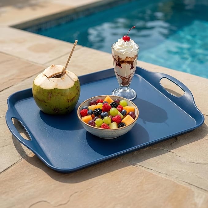 KINGEN 2-Pack Navy Blue Bamboo Fiber Serving Trays - 17.3×12.2-inch Extra Large w/Handles Tray, Platters for 4th of July, Christmas, BBQ, Picnic, Outdoor Dining - Durable, Lightweight (Classic Blue)