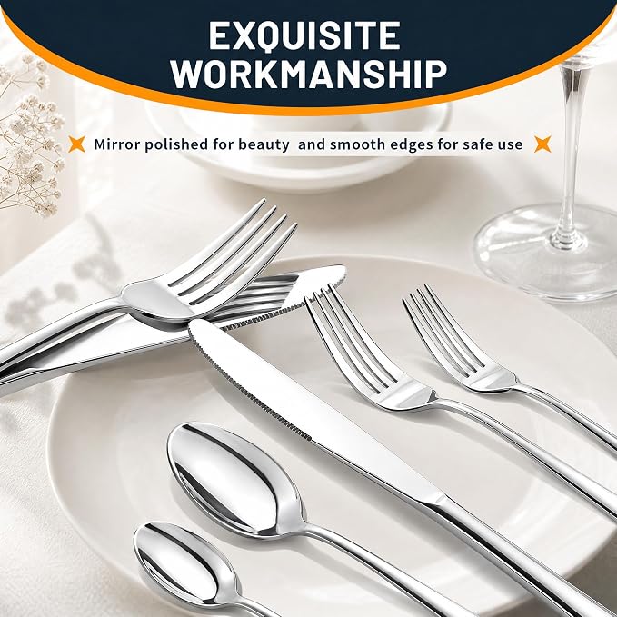 NICE KITCHEN Silverware Set, 40 Piece Stainless Steel Cutlery Sets for 8 | Heavy Duty Flatware, Mirror Polished Forks Spoons and Knives Set, Reusable Utensils for Home Kitchen, Dishwasher Safe