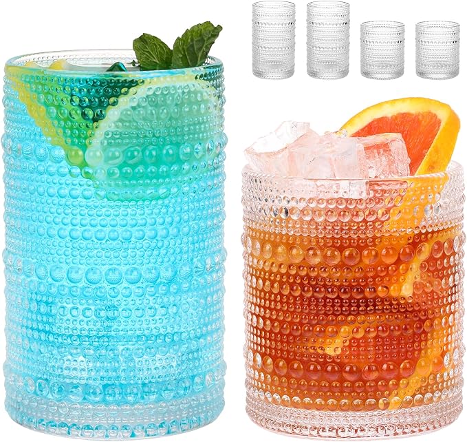 Moretoes 4 Pack Hobnail Drinking Glasses Set,Glass Cups | 12 Oz Highball Glasses & 10 Oz Cocktail Glasses, Kitchen Bar Tumbler Glassware Set for Whiskey, Beer, Juice, Milk