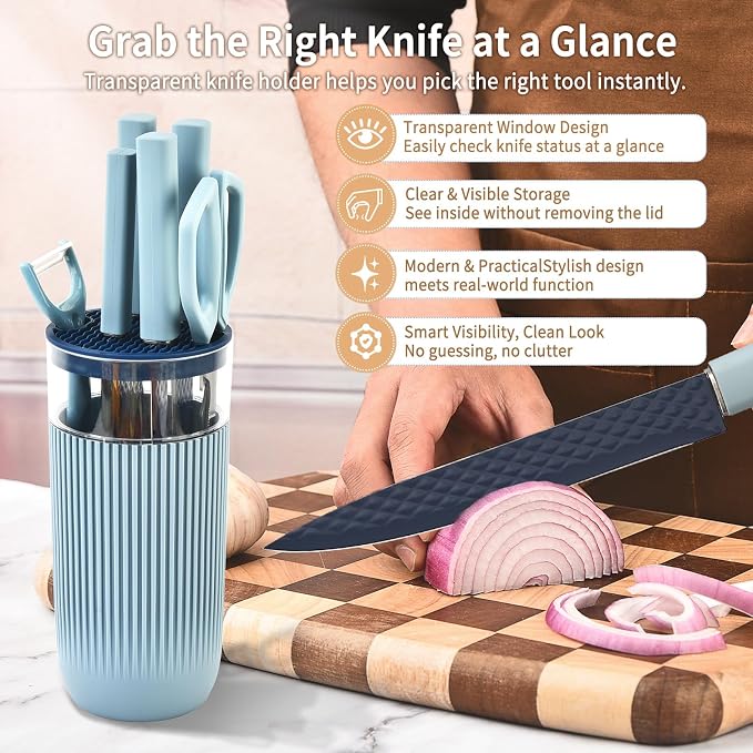 Knife Set, 7-Piece Kitchen Knife Set with Sharp Chef and Meat Knives, Anti-Rust Utility Knives Set for Kitchen, Kitchen Knife Block Set（Blue）