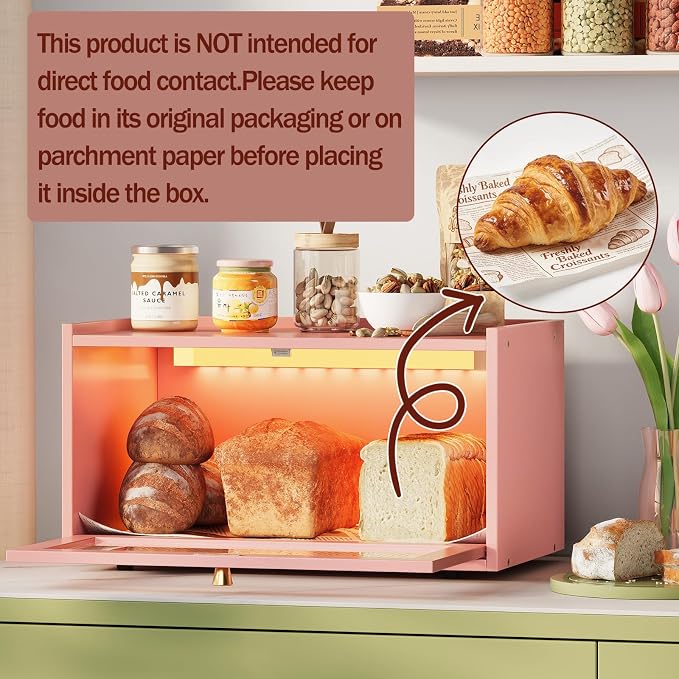 Trironsun Bamboo Bread Box with Led Light for Kitchen Counter Large Capacity Bread Storage Container Kitchen Countertop Organizer with Window Bread Holder (Pink)