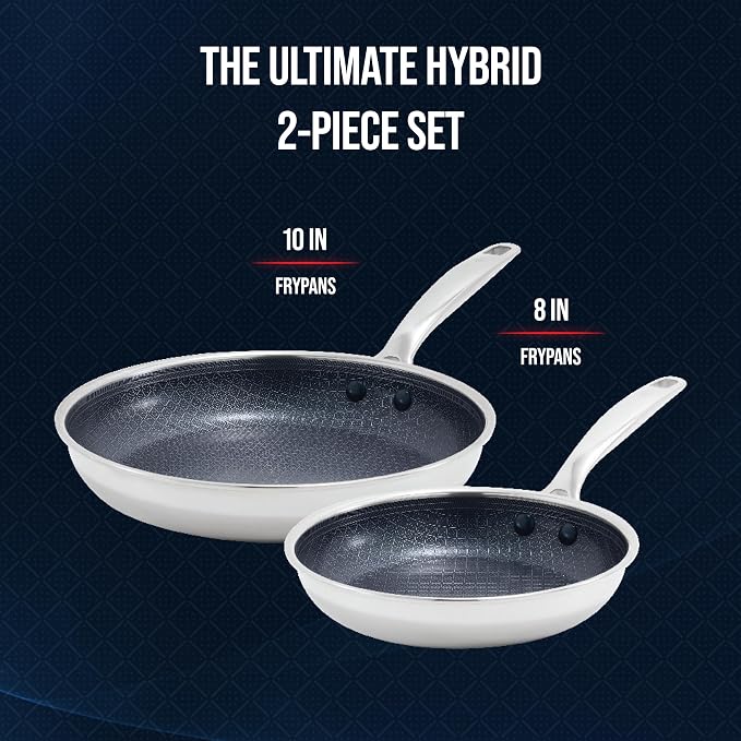 Blue Diamond Hybrid 2 Piece (8"&10") Stainless Steel Nonstick Fry Pan Set | PFAS-Free Ceramic Nonstick Skillets, Powerful Searing, Induction & All Cooktop Ready, Dishwasher and Oven Safe