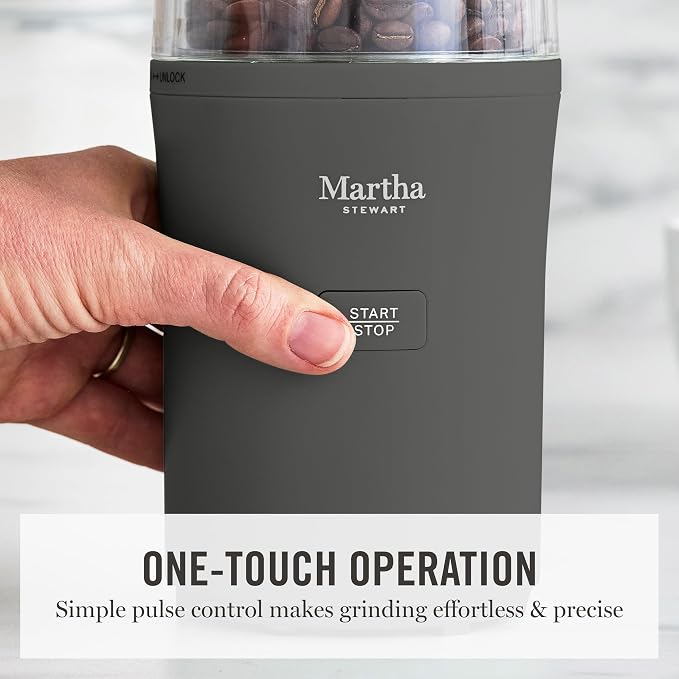 Martha Stewart Electric Coffee & Spice Grinder with Dual Bowls, Caviar Gray | Dual 2.5oz Removable Bowls for Coffee Beans, Nuts, Herbs & Spices, Stainless Steel Blade, One-Touch Pulse Control, Easy Clean