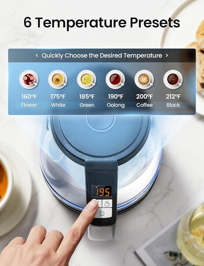 COMFEE' 1.7L Glass Temperature-Control Electric Kettle with 6 Preset Modes