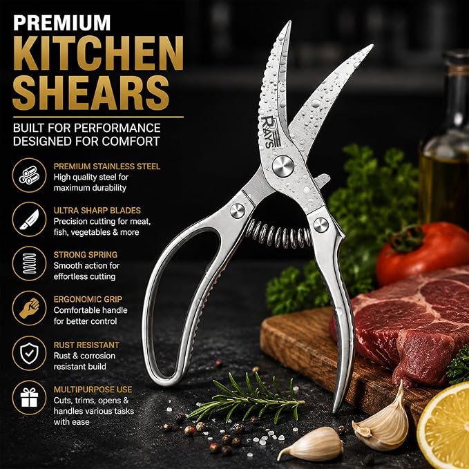 Heavy Duty Poultry Shears, Spring Loaded Kitchen Scissors for Chicken, Turkey, Meat & Fish, Stainless Steel Meat Scissors & Chicken Bone Cutter, Dishwasher Safe with Safety Lock & Gift Box