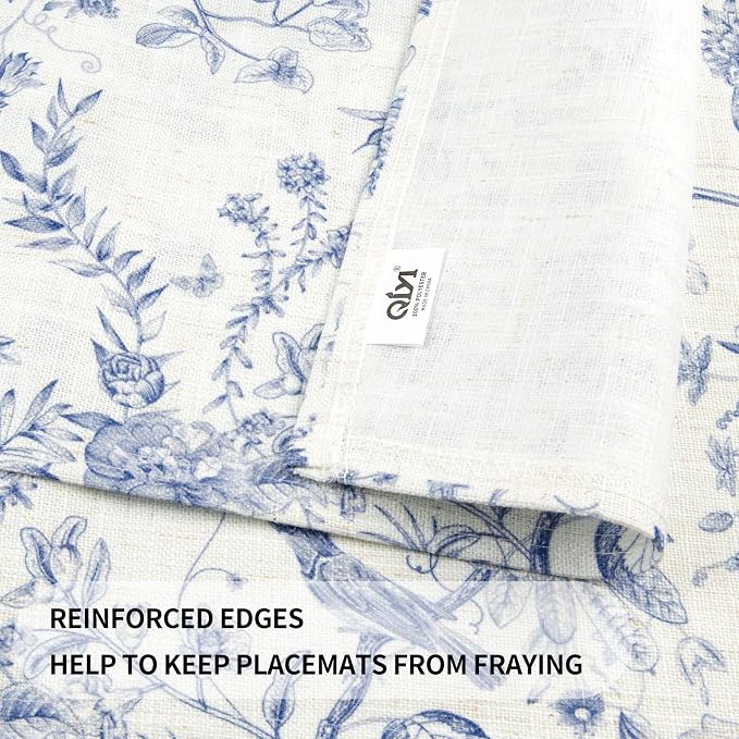 QIYI Boho Table Placemats Set of 6, 12"x18" Linen Place Mats, Blue Garden | Fabric Place Mats for Kitchen Dinning, Farmhouse Rustic Cloth Table Mats, Washable Placemat Party Table Décor