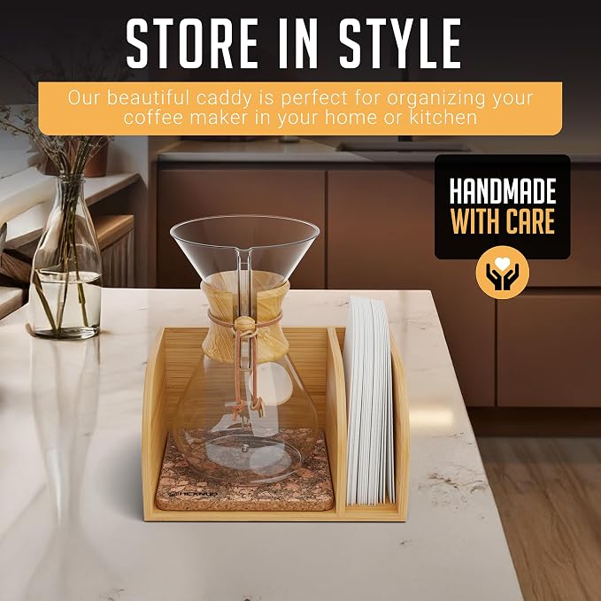 Pour Over Caddy for Chemex Bodum Cosori Coffee Makers Cork | Handmade Bamboo Stand, Filter Holder, Heatproof Mat for a Cleaner Coffee Station