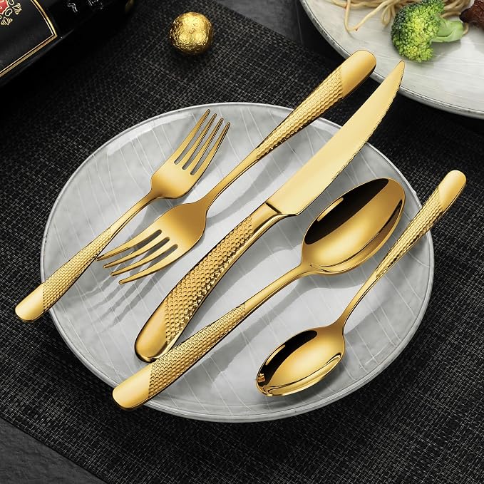 30-Piece Hammered Gold Silverware Set for 6 with Serrated Forging Knives,18/10 Stainless Steel Modern Flatware Set,Unique Cutlery Set,Mirror Polished,Dishwasher Safe