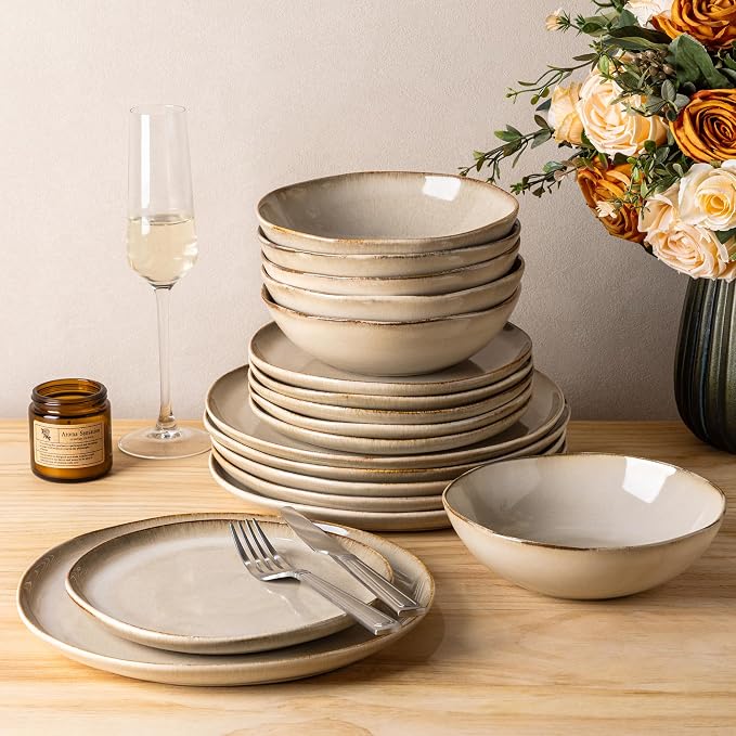 GBHOME Stoneware Dinnerware Sets for 6,18 Piece Rustic Plates and Bowls Set | Earthenware Handmade Reactive Glaze Plate Sets, Chip Resistant Ceramic Dishes, Microwave & Dishwasher Safe, Oatmeal Linen