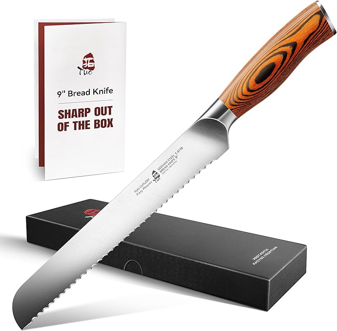 TUO Bread Knife, 9 inch Sharp Serrated Slicing Knife for Homemade Sourdough Bread, High Carbon German Steel, Ergonomic Handle, Gift Box Included