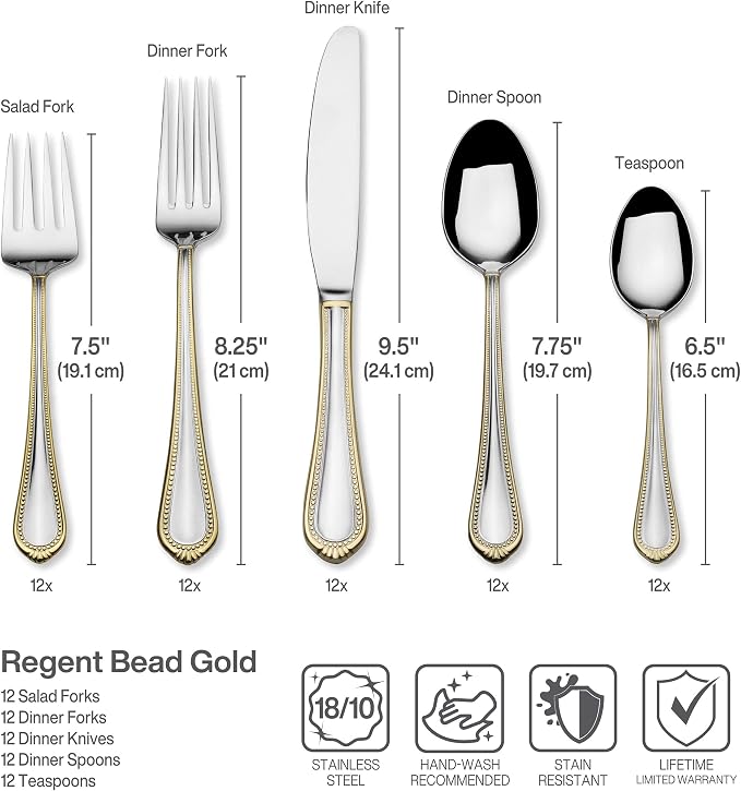Mikasa, Gold Accent Regent Bead Flatware Service for 12, 65 Piece Set, 18/10 Stainless Steel, Silverware Set with Serving Utensils