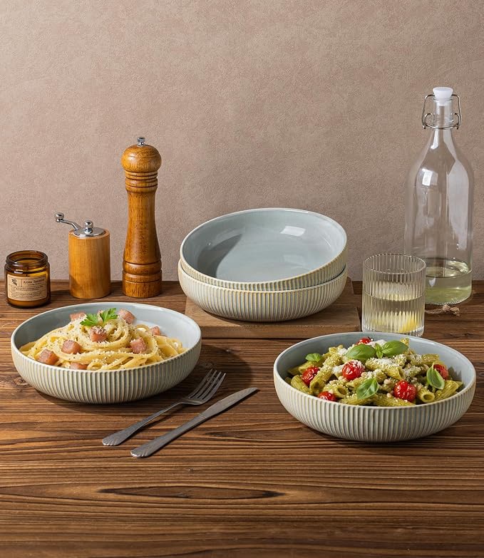 8.5" Ceramic Pasta Bowls Set of 4, Salad Bowls | Versatile Serving Bowls for Pasta, Salad, Fruit & Noodles, Housewarming & Wedding Gift, Desert Sage
