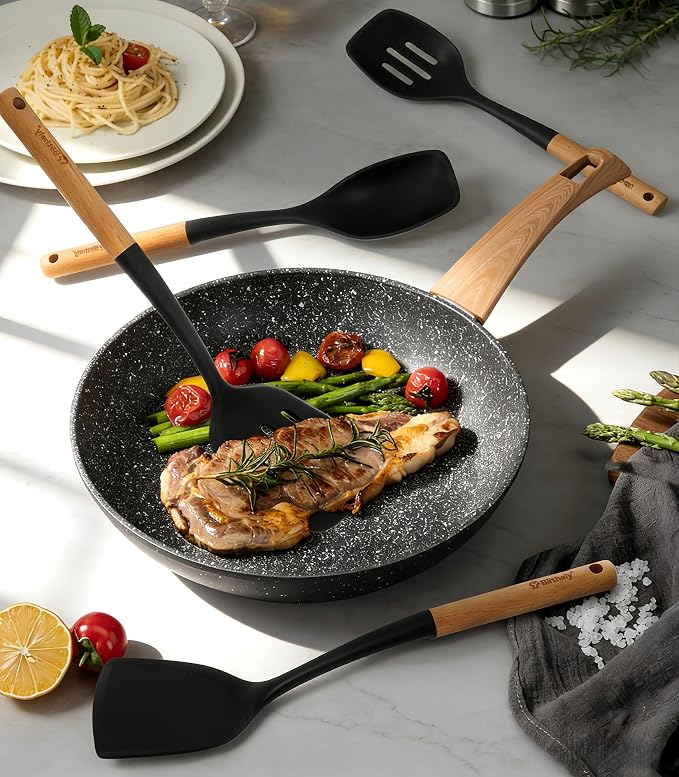 4PCS Silicone Cooking Utensils Set, Large Nonstick Spatula Spoons Set with Wooden Handle, Silicone Cooking Spatula Set, Heat Resistant Solid and Slotted Turners, Serving Spoon(Black)
