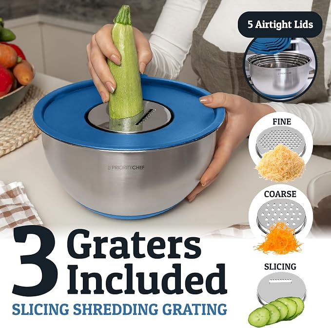 Stainless Steel Mixing Bowls with Lids Set, Metal Nesting Bowls with Airtight Lids, Graters, Non-Slip Base & Measurement Marks, Includes Utensil Set for Prep, Baking & Storage, Blue