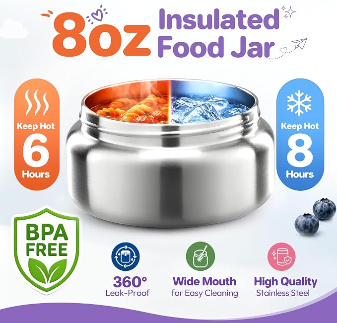 Bento Lunch Box Set for Kids with 8oz Soup Thermo, Leak-Proof Lunch Containers with 4 Compartment, Kids Thermo Hot Food Jar and Insulated Lunch Bag for Kid to School-Purple
