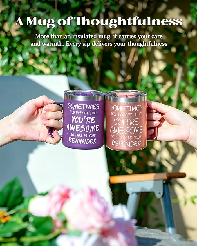 Inspirational Coffee Mug for Women, 12oz Insulated Stainless Steel Mug with Handle & 2 Lids – Sometimes You Forget You’re Awesome, Birthday & Appreciation Gift for Mom, Friend, Rose Gold
