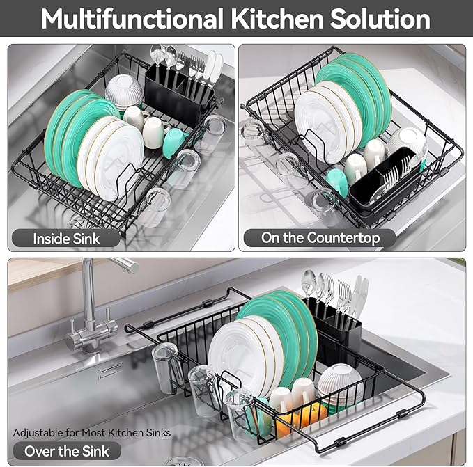 Urackify Expandable in Sink Dish Rack, Full PVC Dip-Coated, Black | Scratch Protection, Reduced Noise, Fast Water Drainage, Fits 14.5"-18"W Sink, Rust Resistant