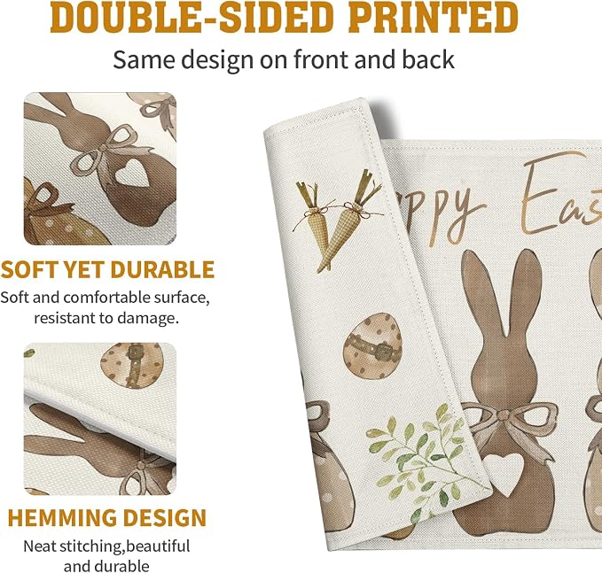Happy Easter Bunny Placemats Set of 4 Easter Rabbit Egg Carrots Linen Fabric Table Mats Spring Seasonal Rustic Holiday Washable Place Mats for Party Kitchen Dining Indoor Decor 12x18 Inch