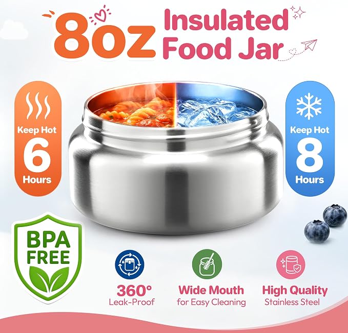 Bento Lunch Box Set for Kids with 8oz Soup Thermo, Leak-Proof Lunch Containers with 4 Compartment, Kids Thermo Hot Food Jar and Insulated Lunch Bag for Kid to School-Pink
