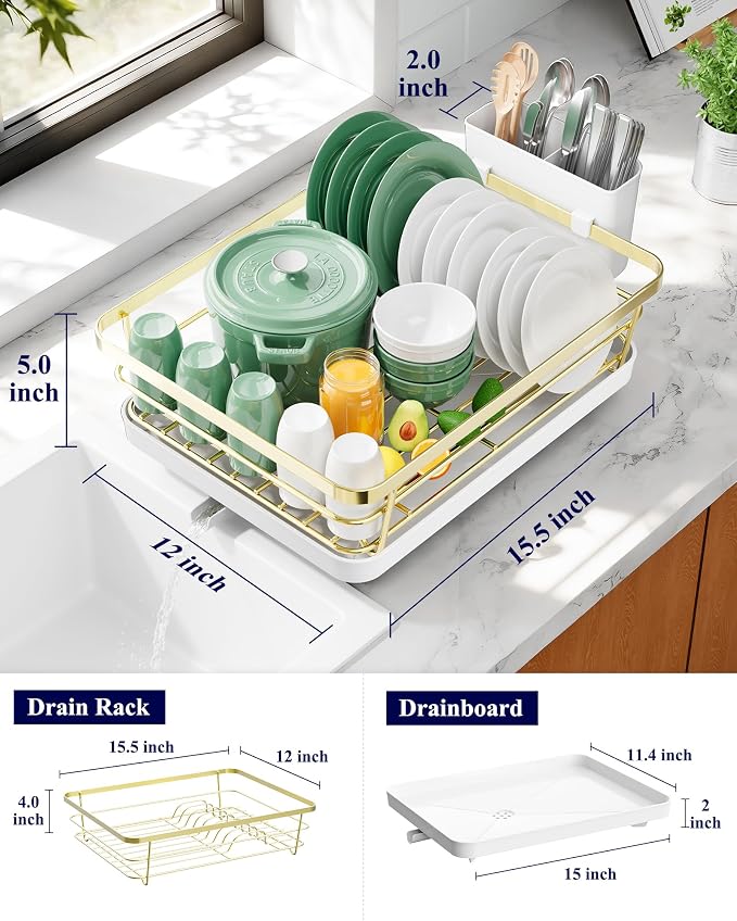 Kitsure Dish Drying Rack for Kitchen Counter, 12''W x 15.5''L, Gold | Stainless Steel Sink Organization, Cutlery Holder, Home and Appartment Decor