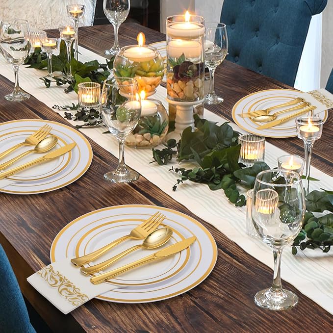 350 Pcs Gold Dinnerware Sets for 50 Guests, Disposable Plate Sets | for Party, Wedding, Include: 50 Gold Rim Dinner Plates, 50 Dessert Plates, 50 Paper Napkins, 50 Cups, 50 Gold Silverware Set