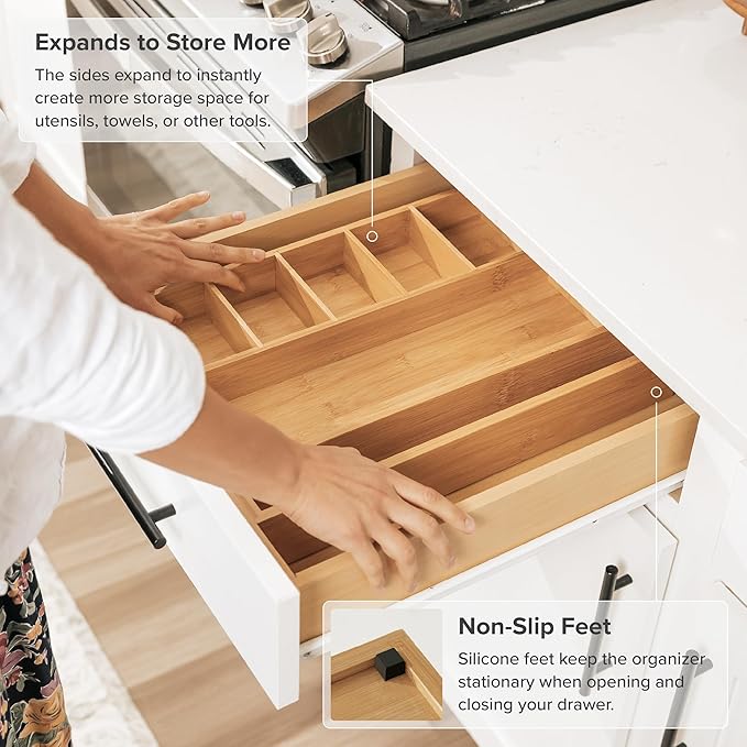Utensil & Junk Drawer Organizer, 10.5-19 in, Bamboo | Food-safe contract grade, 100% sustainable wood, non-slip, adjustable