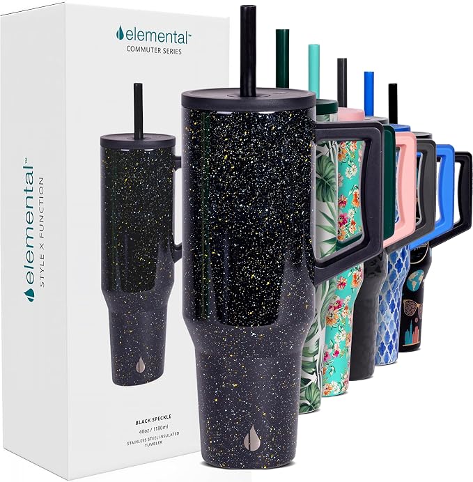 Elemental Spill Proof 40oz Insulated Tumbler with Handle & Straw Travel Mug | Stainless Steel Commuter Travel Coffee Mug for Cold Beverages, Includes 2 Straws & a Spill Proof Lid for Everyday Use