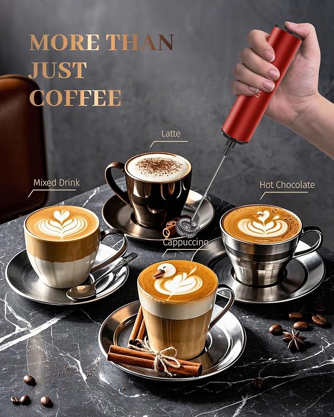 INFOOD Rechargeable Milk Frother with Cover, 2-Speed, 2 Whisks, Red | Stainless Steel Body and Whisks, 2 Detachable Heads, for Lattes, Cappuccinos, Hot Chocolate, and Egg