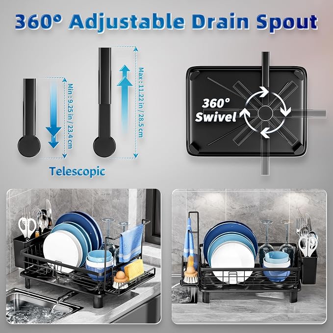 Dish Drying Rack, Stainless Steel-Dish Rack, (Black2 with Sponge Rack ) | Dish Racks for Kitchen Counter, Kitchen Dish Drainers with Removable Utensil Holder,New drain outlet,