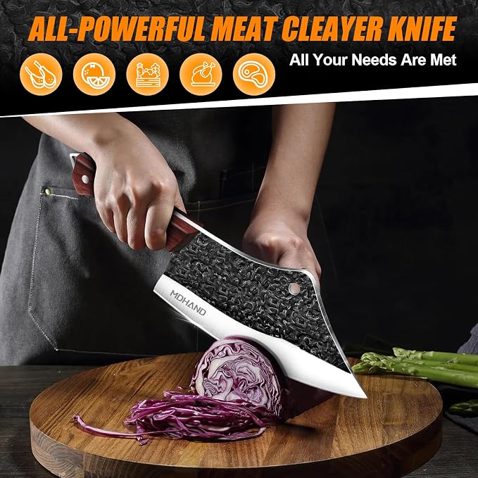 Butcher Knife Set, Hand Forged Kitchen Chef Knife Set with Roll Bag | High Carbon Steel 14PCS Meat Cleaver Knife, Bone Chopper Knives, Fillet Knives for Kitchen, Camping Outdoor BBQ, Gift for Men