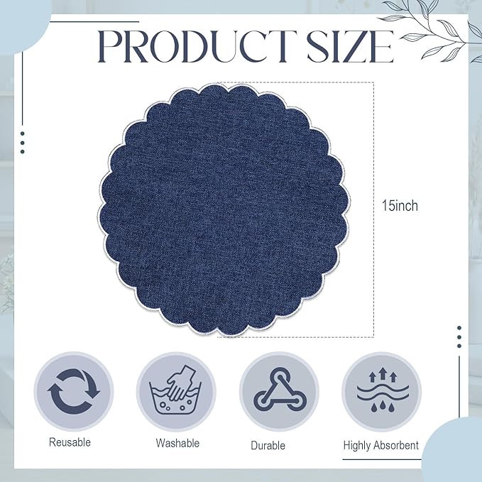 Set of 12 Navy Blue Cotton Placemats 15" Round Scalloped White | Double Layered Cotton Fabric, Washable Embroidery, White Edge Edge, Rustic Table Mats for Wedding Dining Table Decor