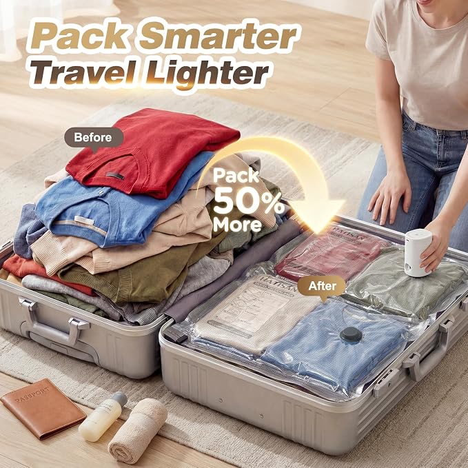 10pcs Vacuum Seal Bags for Clothing Travel with Rechargeable Electric Pump, Space Saver Vacuum Storage Bags for 3-5 Days Travel, Reusable Compression Bags for Luggage Home(10pcs Checkered)