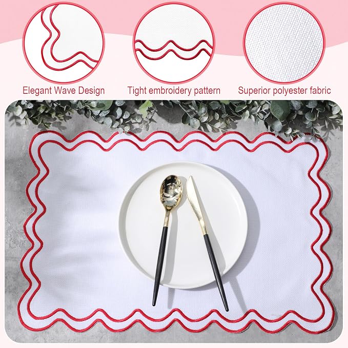 Linen Placemats Set of 12 Scalloped Placemat 13 X19 Wavy Embroidery Double Layered Washable Farmhouse Dinner Fabric Table Mat Napkin for Wedding Party Restaurant(Regular,White&red)