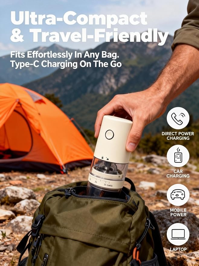 LAMIDO Portable Electric Burr Coffee Grinder - Grind While Charging - Visual Bean Hopper - 38 External Grind Settings - 1.8X Faster Grinding - 2000 mAh Battery for Travel, Camping (Light Beige, E96T)