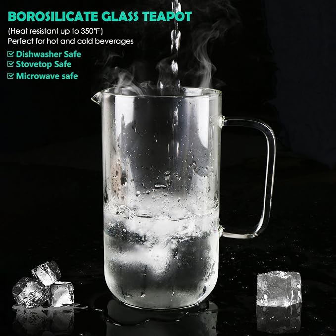 Aquach 51oz Glass Teapot with Infuser, Stovetop Safe Borosilicate Tea Pot | Dishwasher Safe, Plastic-free, Precise Loose Leaf Filter, Easy-clean Opening, Sharing Capacity