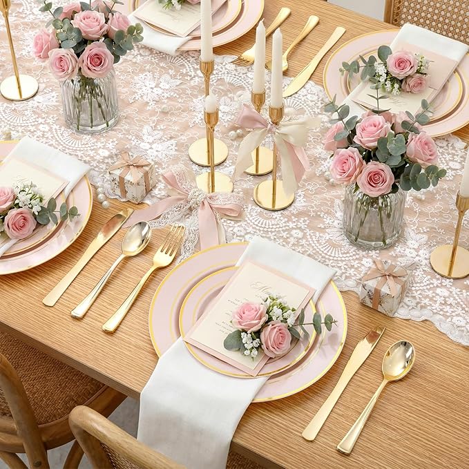 350PCS Pink Disposable Plates - Pink Plastic Plates 50Guests Plastic Dinnerware Sets with Rolled Napkins for Wedding/Birthday/Baby shower