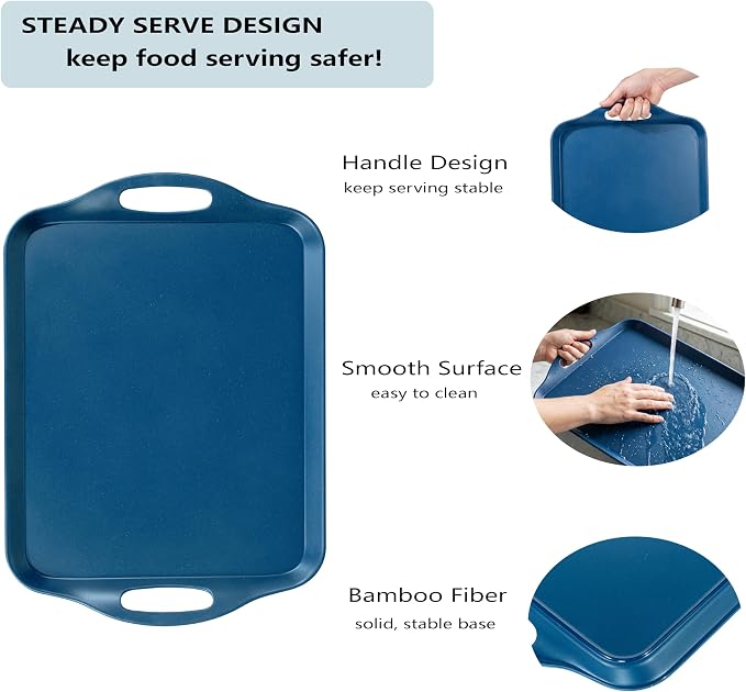 KINGEN 2-Pack Navy Blue Bamboo Fiber Serving Trays - 17.3×12.2-inch Extra Large w/Handles Tray, Platters for 4th of July, Christmas, BBQ, Picnic, Outdoor Dining - Durable, Lightweight (Classic Blue)