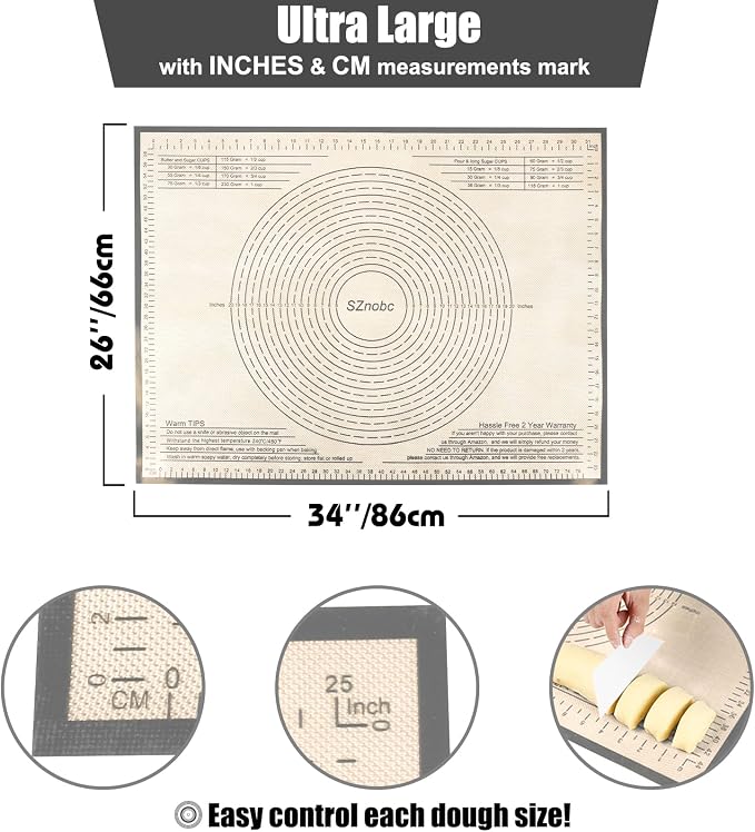 Silicone Pastry Mat 34X26 inch Baking Mat for Rolling Dough | Great Performance Kitchen Counter Mat, Perfect for Dough, Pastry, Pie Crust, Fondant, Bread, Pasta/Pizza, Baking Suitability