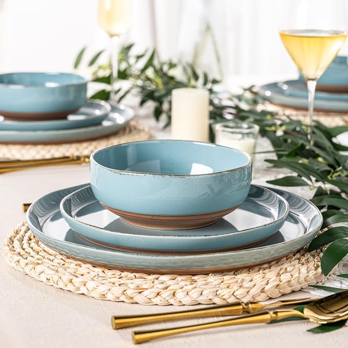 AmorArc Dinnerware Sets for 4, 12 Pieces Ceramic Plates and Bowls Set | Scratch Resistant Stoneware Dishes Set, Dishwasher & Microwave Safe, Stone Blue